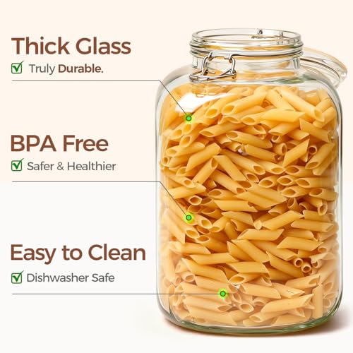 ComSaf 1.1 Gallon (4L) Square Glass Jars 2-Pack - Large Airtight Food Storage Canisters with Clamp Lids for Bulk Flour, Rice, Sugar, Coffee Beans, Fermentation, Pickling, Farmhouse Pantry Organization - size: 1.1 Gal*2