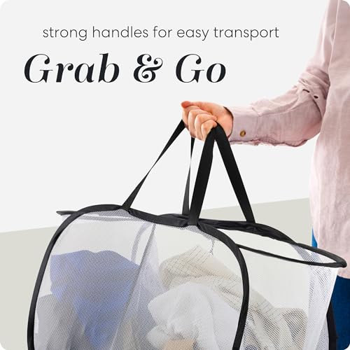 Foldable Laundry Basket - Popup and Collapsible, Durable Mesh Material, Folds for Storage, Easy Carry Handles - Great Hamper for College Dorm, Laundry Room or Travel (White-Black, 2-Compartments)