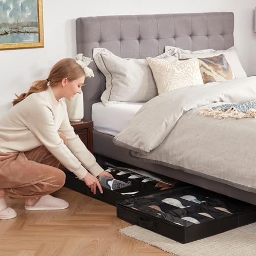 Lifewit Under Bed Shoe Storage Organizer 4 Pack(14 Shoes Cells), 4.3 Inches Tall Low Profile Fabric Shoes Container Box with Clear Cover, Foldable Storage Bag with 2 Handles, Fits 28 to 56 Pairs - style: 14 Shoes Cells