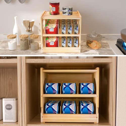 Wood Cat Can Organizer for Pantry, 2 Tier Stackable Can Storage Rack for Kitchen Counter And Cabinet Cat Food Storage Container Holds 36 (3oz) Cans FIFO Design
