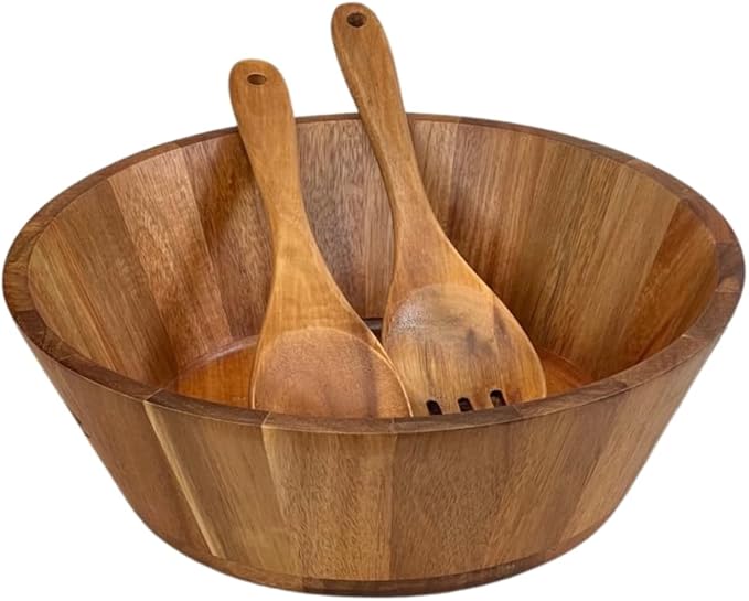 Large Wooden Salad Bowl Set, Eco-friendly Wooden Bowl, Handcrafted Acacia Wood Salad Bowl for Kitchen & Dining