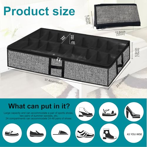 Under Bed Shoe Storage Organizer for Closet 2 Pack Fits 32 Pairs Underbed Shoes Container Boxes with Sturdy H-Handles, Foldable Shoe Rack Holder,Black - color: Black-32pairs, style: H-Handle