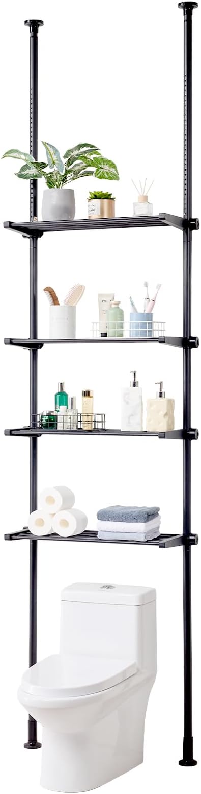 VEVOR Over Toilet Shelf, 4-Tier Adjustable AboveToilet Bathroom Storage, Low-Carbon Steel 53"-132" Tall Storage Shelf Rack, Easy Assembly Laundry Space Saver, for Small Rooms, Fit Most Toilets