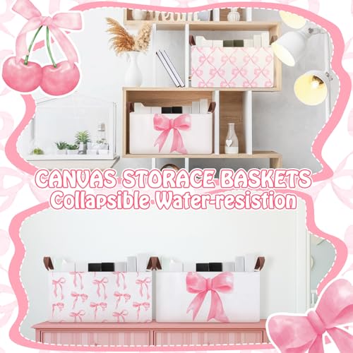 Boao 3 Pcs Coquette Pink Bow Storage Bin Collapsible Large Storage Baskets for Gifts Empty Candy Holiday Decor Canvas Laundry Basket Foldable Box with Handle for Office Home Bedroom Clothes - style: Bow and Cherry