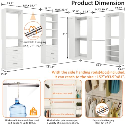 Vomavex Closet System with 4 sets, 101.9" Closet Organizer Systems with 6 Drawers & 8 Hanging Rods & Adjustable Shelves, Walk in Closet Standing Closet System, Corner Closet System Set, White