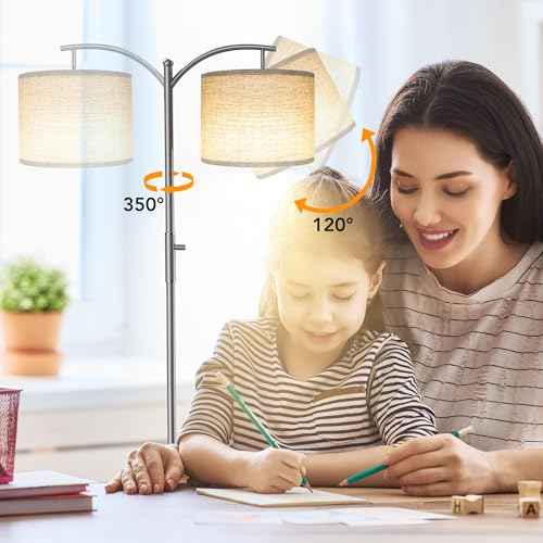 Dimmable Floor Lamp, Arc Floor Lamps for Living Room, Stepless Dimming Modern Standing Lamp with Linen Shade, Tall Lamp for Bedroom Office Dining Room- Silver