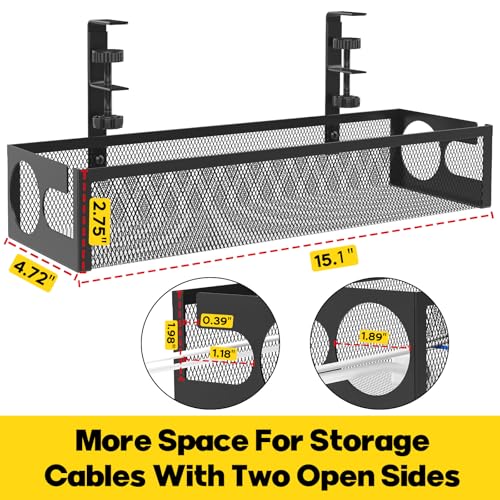 Under Desk Cable Management Tray No Drill 15.1’’, Metal Mesh Cable Management Box with Hybrid Side Slots Cable Raceway,Adjustable Cable Tray with Wire Management for Office Home,1 Pack (Black) - color: Black