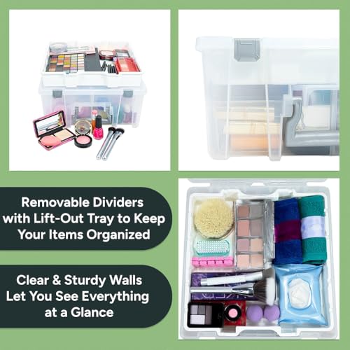 Best Kept Super Satchel Double Deep with Lift-Out Tray and Removable Dividers, Stackable Home Storage Organization Container, Clear with Sliver Latches and Handle - style: Lift-Out Tray & 8 Lower Removable Dividers