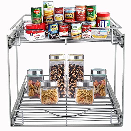 DINDON 2 Tier Pull Out Cabinet Organizer (11" W x 18" D) Heavy-Duty Metal Sliding Drawer Shelf, Two Tier Pull Out Shelves for Kitchen Cabinets, Pantry, Bathroom, Chrome Finish - size: 11'' W X 18'' D