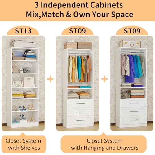 Closet System with 3 Sets, 6-15.8FT Custom Closet Organizer System with 6 Drawers & 8 Shelves & 5 Hanging Rods, Max 189"W Closet Shelving System, Walk in Closet Organizers and Storage System, White