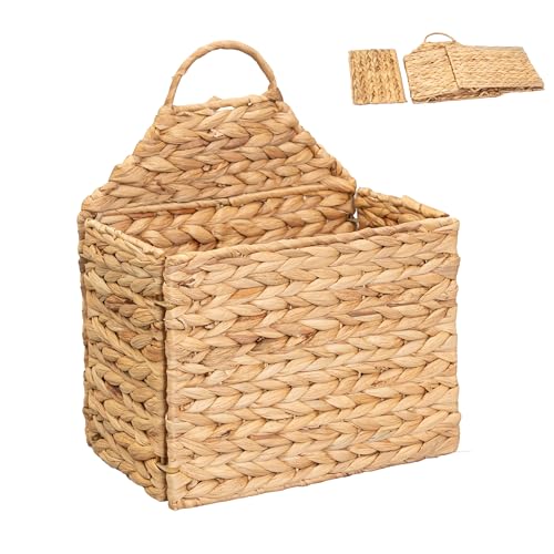 Boho Water Hyacinth Hanging Wall Basket, Flat Back Woven Storage Organizer for Mail, Books and Magazines, Decorative Wall Basket for Entryway and Farmhouse Home