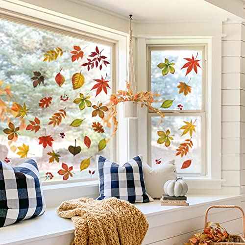 wondever Maple Leaves Thanksgiving Wall Stickers Autumn Fall Leaves Harvest Peel and Stick Wall Art Decals for Living Room Bedroom Kitchen