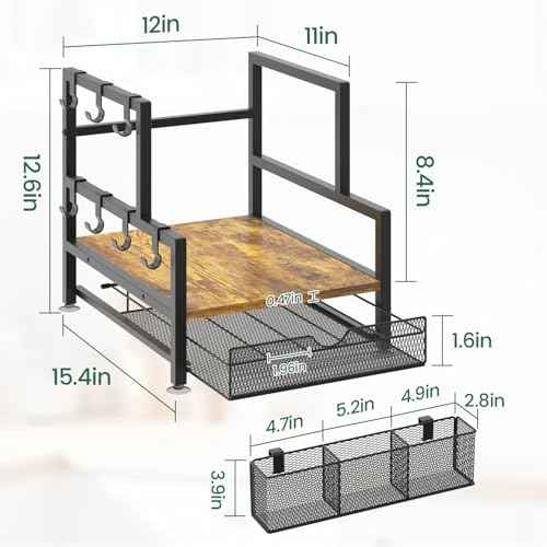 EsLuker.ly Coffee Bar Station Organizer with K Cup Drawer, Pod Holder Storage Rack with 7 Mug Hooks for Countertop, Wooden Coffee Machine Maker Stand for Home Office, Space-Saving for Coffee Lovers