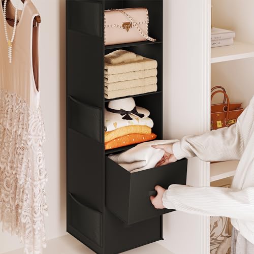 YOUDENOVA Hanging Closet Organizer, 5 Tier Hanging Closet Shelves with 6 Side Pockets and 2 Drawers, Black - color: Black