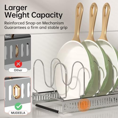 MUDEELA Pots and Pans Organizer Rack for under Cabinet, Expandable Pot Lid Kitchen Cabinet Organizer Holder with 10 Adjustable Compartment Cutting Board Organizer for Pan Lid Cookie Sheet Rack, Silver - style: 10 Dividers-Silver
