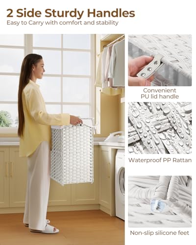 Greenstell Laundry Hamper with Lid, 90L Clothes Hamper with 2 Removable Liner Bags & 2 Mesh Laundry Bags, Handwoven Synthetic Rattan Laundry Basket for Clothes, Toys in Bathroom, Bedroom White - color: White, size: 90L (18.1 x 13.0 x 23.6 inches)