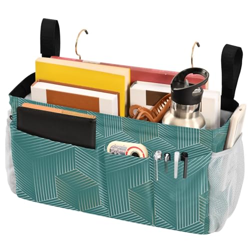 Bedside Caddy Hanging Bunk Bed Caddy Bed Organizer Hanging Pocket with 2 Hooks Bedside Storage Organizer Pocket Bag Holder Geometric Green - color: Geometric Green
