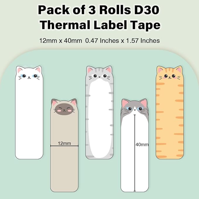 Phomemo D30 Label Maker Tape, Black on Cats Patterns Vertical Label Tape, Special Shapes Pre-Cut Self-Adhesive Sticker Thermal Paper Label Tag, 12 x 40mm (0.47 x 1.57) 3-Roll