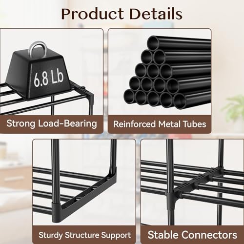 SUFAUY Large Shoe Rack Organizer, 2 Row 8 Tier 32-40 Pairs with Hooks, Sturdy Metal, DIY Stackable &Adjustable, Black