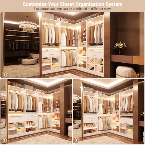 Unikito 86" Corner Closet System, Modular Closets Organizer with 4 Hanging Rods & Corner Tower, Freestanding L-Shaped Walk-In Wardrobe Organizer, Set of 3, White