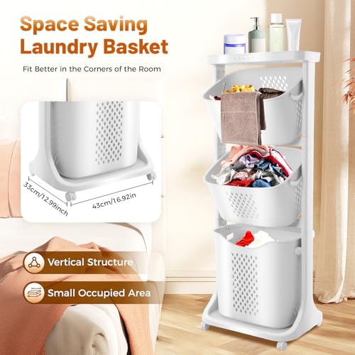 3-Tier Laundry Hamper Sorter, Removable Vertical Rolling Laundry Baskets Stand with Wheel, Stackable Dirty Clothes Cart Organizer and Storage for Small Space, Dorm, Closet, Bathroom (3-Tier)