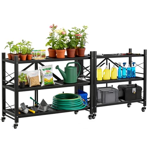 Grezone Foldable Shelves 3 Tier Heavy Duty Metal Storage Shelves with Wheels - No Assembly Collapsible Shelving Unit for Kitchen Garage Hold up to 750 lbs - size: 39‘’W x 13.5''D x 39''H