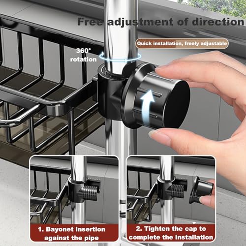Sink Organizer Rack for Kitchen and Bathroom,Stainless Steel Detachable Hanging Faucet Drain Rack with Drip Tray Faucet Sponge Holder for Bathroom (Black, L&R as One) - size: L&R as One