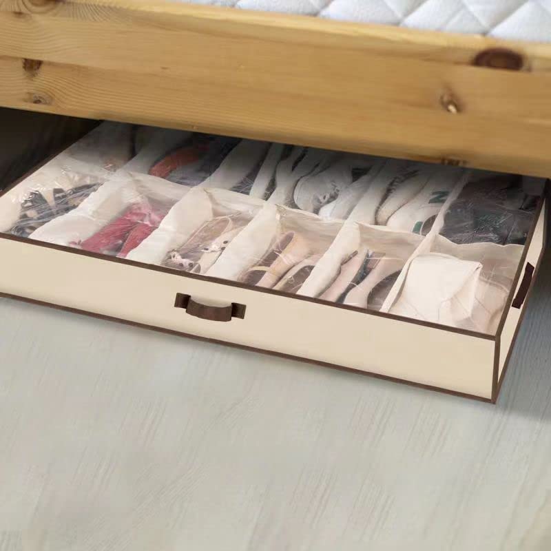 Men/Adults 12 Cells See Through Underbed Shoe Storage Bag Organizer with black and white flower (beige) - color: beige