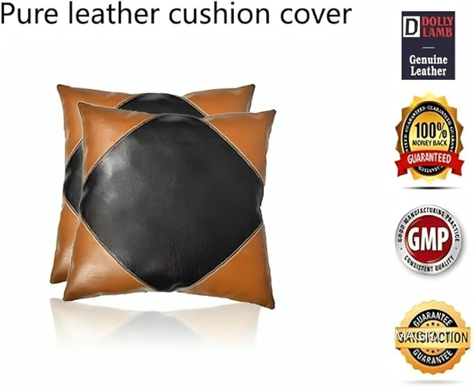 D DOLLY LAMB Lambskin Leather Pillow Cover - Sofa Cushion Case - Decorative Throw Covers for Living Room & Bedroom, 22x22 Inches - Camel Black Pack of 1