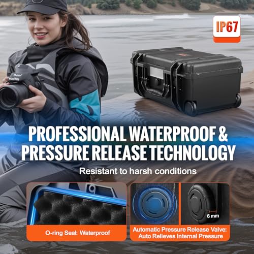 VEVOR Weatherproof Hard Case, Heavy Duty Protective Dry Box with Pre-Cut Foam, Wheels & Retractable Pull Handle for Travel, Hunt, Military, Tactical, IP67 Waterproof Case for Cameras (64x51x25)