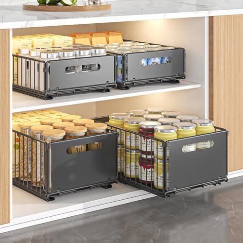 Pull Out Cabinet Organizer, Slide Out Cabinet Organizer Heavy-Duty Carbon Steel Expandable Drawer Adjustable Sliding Shelf Under Sink Rack Shelf for Kitchen Pantry Bathroom Closet - color: black large 2pcs
