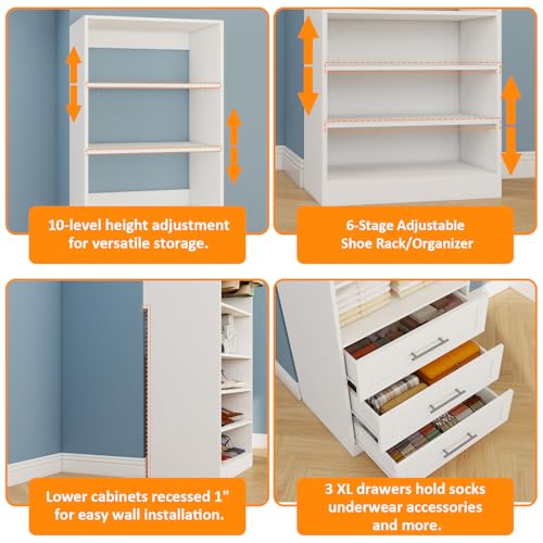 Closet System With 3 Sets, 6–16 Ft Closet Organizer System With 6 Drawers, Walk-In Closet With 9 Shelves & 5 Adjustable Hanging Rods, Customizable Modular Closet Kit, White