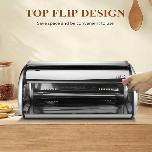 ENLOY Bread Box for Kitchen Counter, Stainless Steel Roll Top Bread Bin, Sliver Bread Storage Holder with Lid, Large Capacity Bread Keeper, 17 x 11 x 7 Inches - color: silver