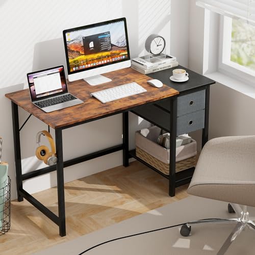 Tangkula 48-Inch Computer Desk with 2 Drawers, Modern Home Office Desk with Hanging Hook & Storage Shelf, Multipurpose Writing Desk for Study Bedroom (Rustic Brown, 48")