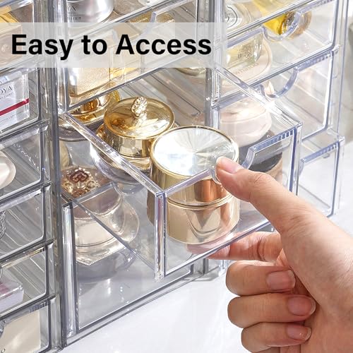 Prsildan Acrylic Drawer Organizer with 17 Drawers, Craft Office Desk Makeup Organizers Accessories, Set of 4 Clear Stackable Storage Drawers for Vanity, Countertop, Jewelry, Art Supply Organization - style: 17 Drawers