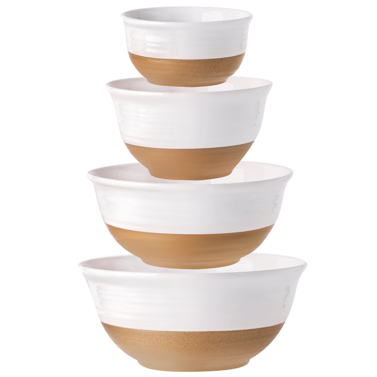 HASENSE Ceramic Serving Bowls Set of 4, 2.1/1.5/1.0/0.5 Qt White & Terracotta Stoneware Mixing Bowls, Farmhouse Bowls for Cooking, Prepping, Salad & Soup, Dishwasher & Microwave Safe, Serving Dishes