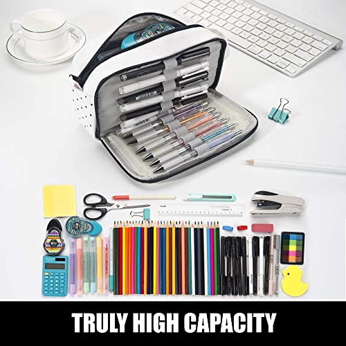 Sooez High Capacity Pencil Case,Durable Pencil Bag Pouch Organizer, Pen Case Portable Journaling Supplies with Easy Grip Handle & Loop, Asthetic Supply for Adults, Black & White - color: White