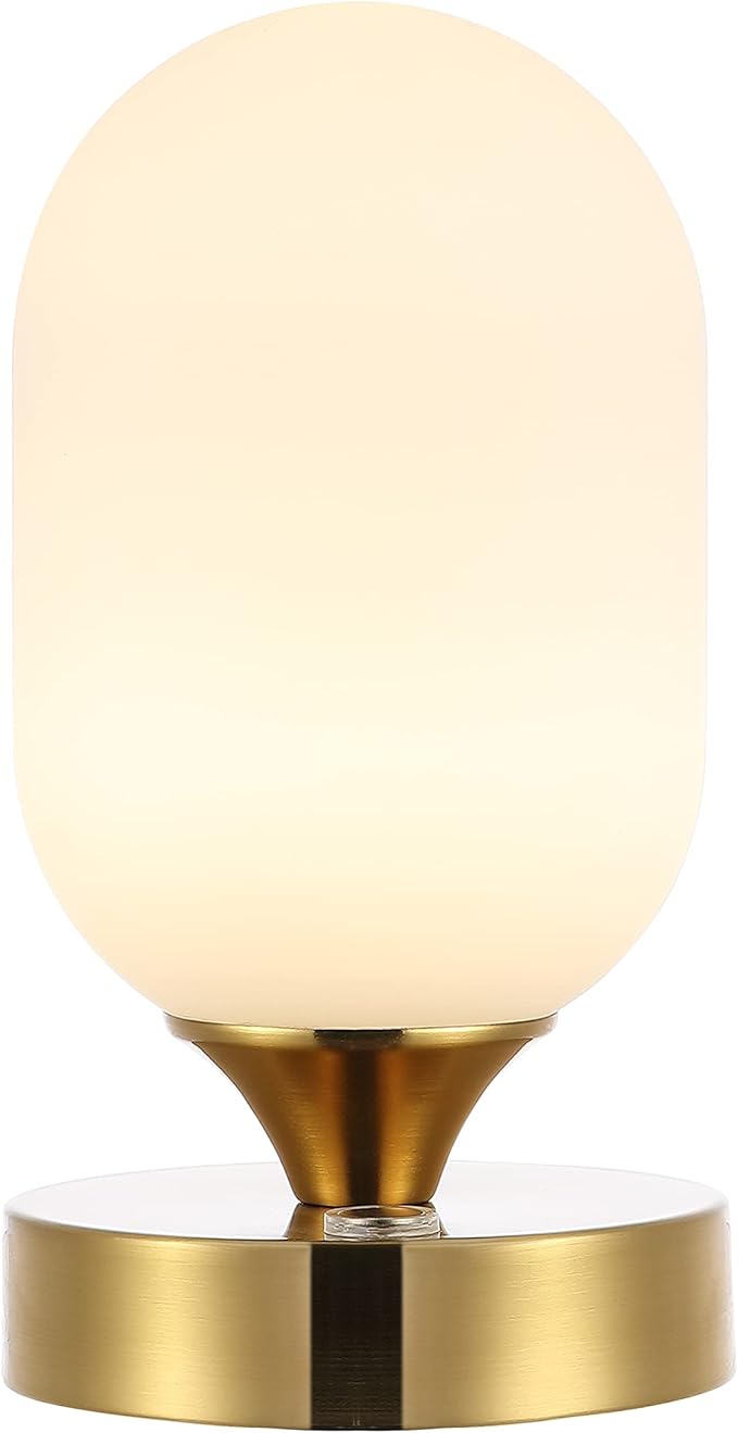 JONATHAN Y 8" Brass Gold/White Modern Rechargeable Integrated LED Table Lamp, Portable Cordless Accent Light with White Frosted Glass Shade, Dimmable Touch Sensor (JYL7111C)