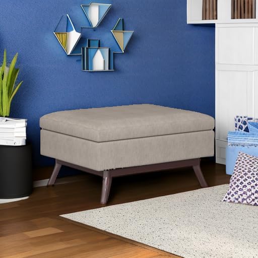 SIMPLIHOME Owen Coffee Table Storage Ottoman - 34 inch Wide Upholstered Linen Look Fabric Rectangular Lift-Top Ottoman in Natural, Mid-Century Modern Bench for Living Room with Tapered Legs