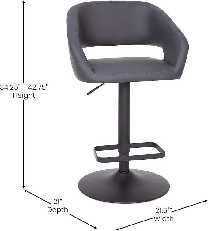 Flash Furniture Erik Comfortable & Stylish Contemporary Barstool with Rounded Mid-Back and Foot Rest, Adjustable Height - Gray Fabric with Black Base