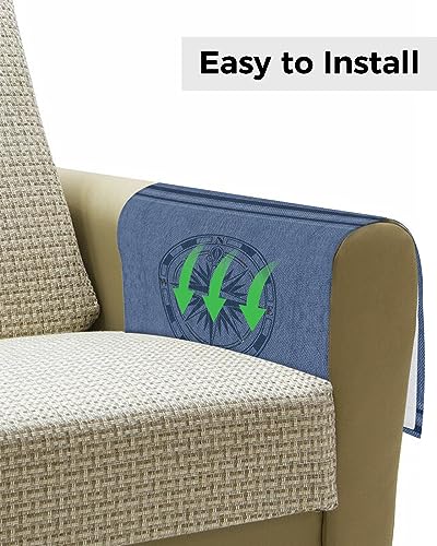 Sofa Armrest Organizer Bedside Caddy, Nautical Compass Non Slip Couch Remote Control Holder for Recliner, Navy Blue Striped Coastal Compass Arm Chair Caddy with Pocket for Magazine, Phone, 19.7"x35" - size: 19.7x35 in