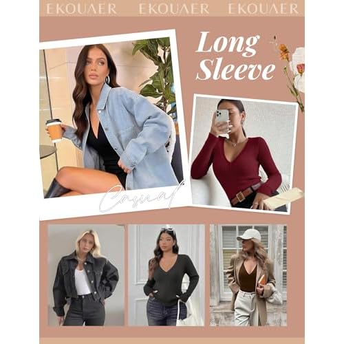 Ekouaer Womens 3 Pack Long Sleeve Shirts V Neck Ribbed Slim Fit Basic Tops Thermal Undershirts Casual Tee XS-XXL