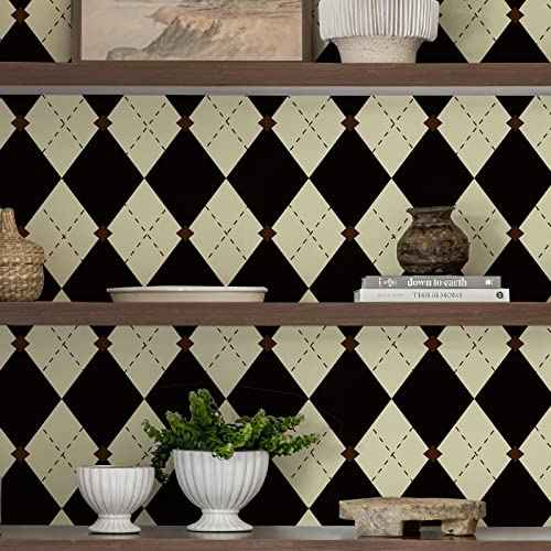 Simon&Siff Retro Checkered Peel and Stick Wallpaper Black and White Wallpaper 17.3"x480" Vintage Plaid British Geometric Wall Paper for Bathroom Kitchen Cabinet Contact Paper