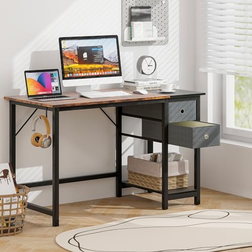Tangkula 48-Inch Computer Desk with 2 Drawers, Modern Home Office Desk with Hanging Hook & Storage Shelf, Multipurpose Writing Desk for Study Bedroom (Rustic Brown, 48")