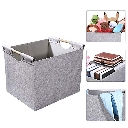 HOONEX Large Foldable Storage Bins, Linen Fabric, 2 Pack, with Wooden Carry Handles and Sturdy Heavy Cardboard, for Home, Office, Car, Nursery, Light Grey - color: Light Grey
