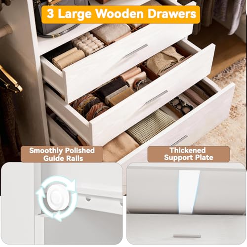 Wooden Closet System With LED Light 11FT Closet Organizer with 3 Wooden Drawers Walk-in Closet Organizer System with Tower and 4 Extendable Hanging Rods White