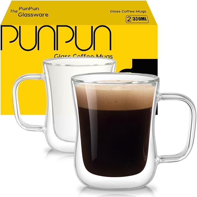 PunPun Coffee 12oz.350ml Glass Mugs Espresso Cups Coffee Glass Cups Champagne Glass Clear Drinking Cups, Tea Cups Wine Glass, Microwave Safe Borosilicate Glass Cup (12 OZ./Set of 2)