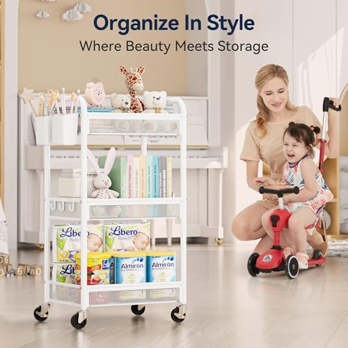 YASONIC 3 Tier Rolling Cart – Metal Utility Storage Carts with Wheels, Craft Carts Organizer with Hanging Cups, Hooks, Mesh Basket for Bedside Kitchen Office Art, White - color: White