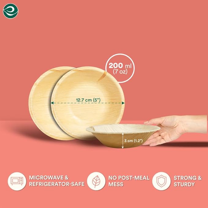 ECO SOUL 100% Compostable, Biodegradable, Disposable Palm Leaf Bowls,| 5 inch, (8oz), Round | Pack of 50| Like Bamboo Bowls, Eco-friendly | Sturdy, Microwave & Oven Safe