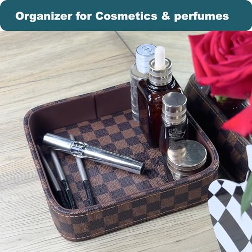 Leather Valet Tray for Men (Solid Wood Inside), Key Trays Bowl for Entryway Table, EDC Catch All Dish, Organizer Decorative Tray for Cologne Jewelry Perfume Watch Wallet- Brown Checkered PU